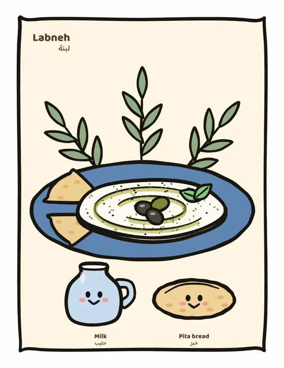 Labneh coloring page, full-color guide with smiling ingredient friends