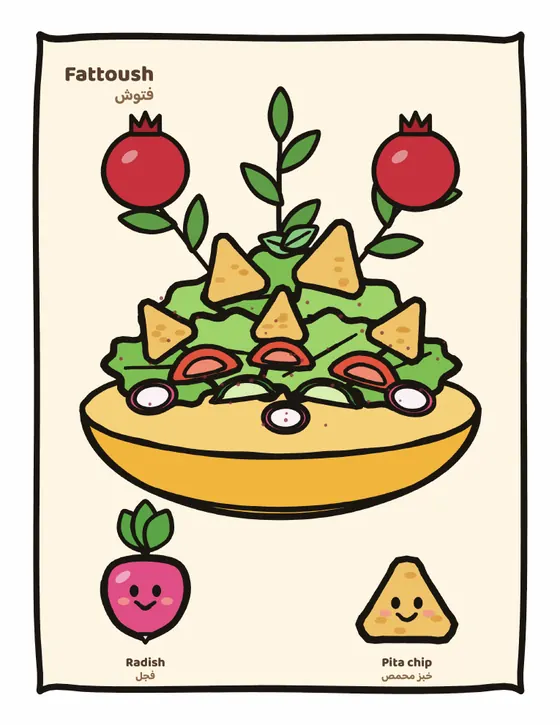 Fattoush coloring page, full-color guide with smiling ingredient friends