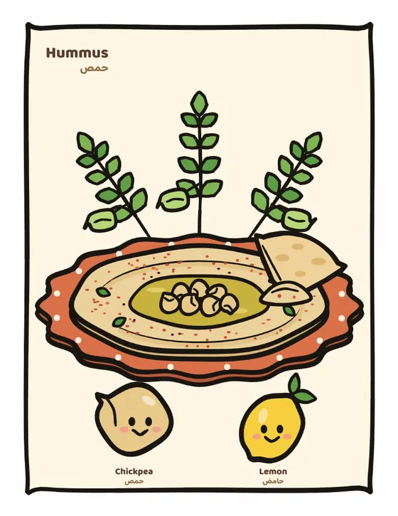 Hummus coloring page, full-color guide with smiling ingredient friends