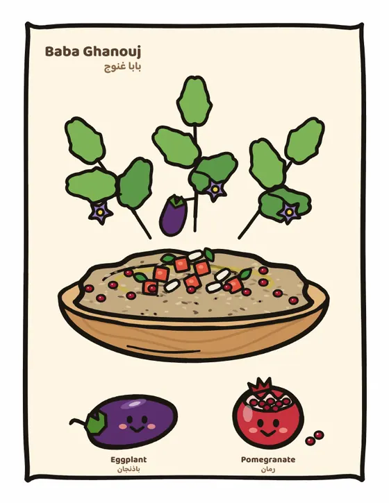 Baba Ghanouj coloring page, full-color guide with smiling ingredient friends