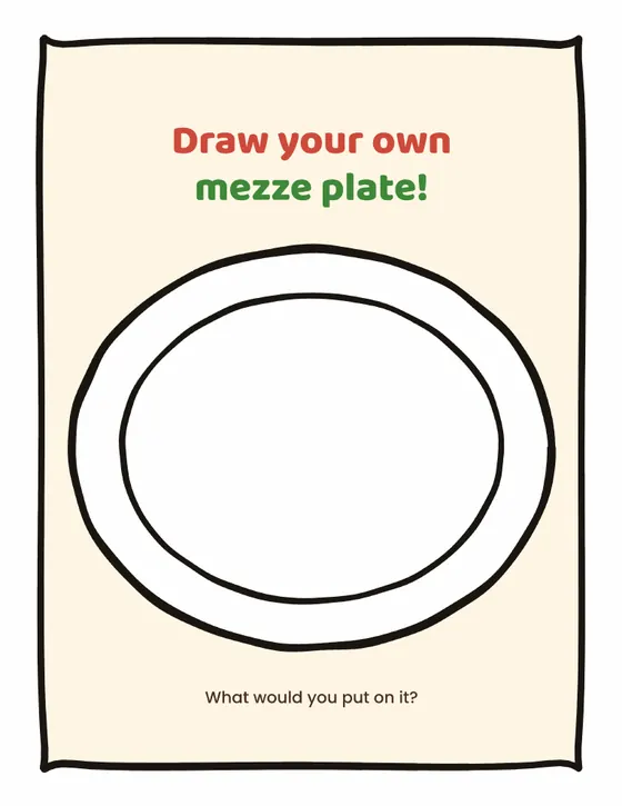Draw your own mezze plate page with an empty plate outline