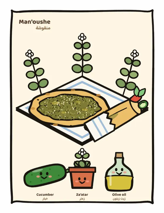 Man’oushe coloring page, full-color guide with smiling ingredient friends